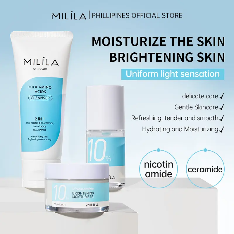 MILILA cleanser, niacinamide serum and brightening moisturizer